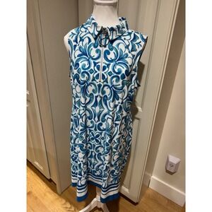 MSK Sleeveless Blue White Print Dress Mock Neck Zip Front Casual Chic Size Large